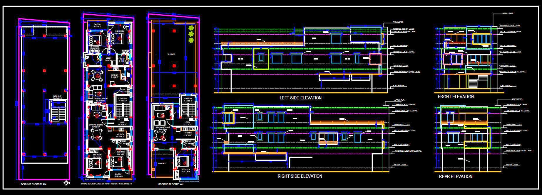 Dual House Plan CAD Detail- 25'x75' Plot Size